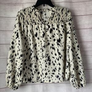 White with Black Spots Blouse Long Sleeve Round Ruffle Neck Bishop Billow Sleeve